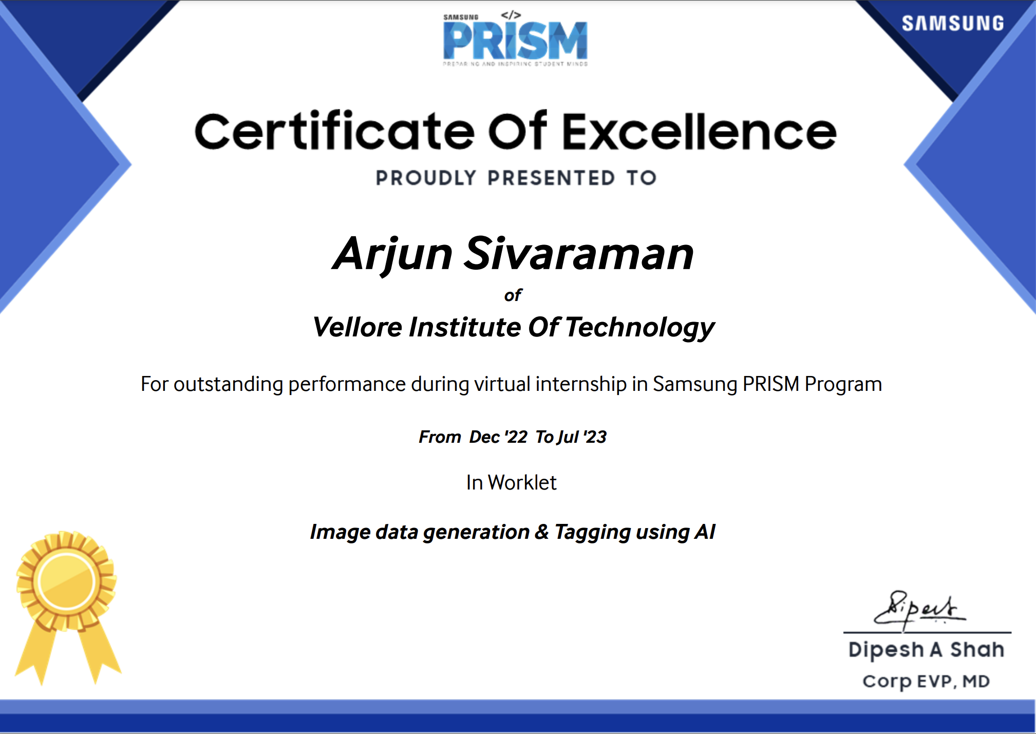 Samsung PRISM Program Certificate