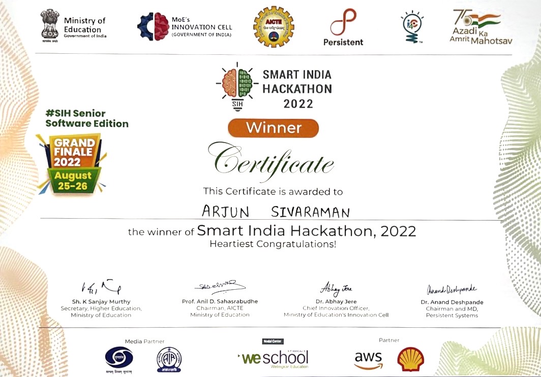 Smart India Hackathon 2022 Certificate