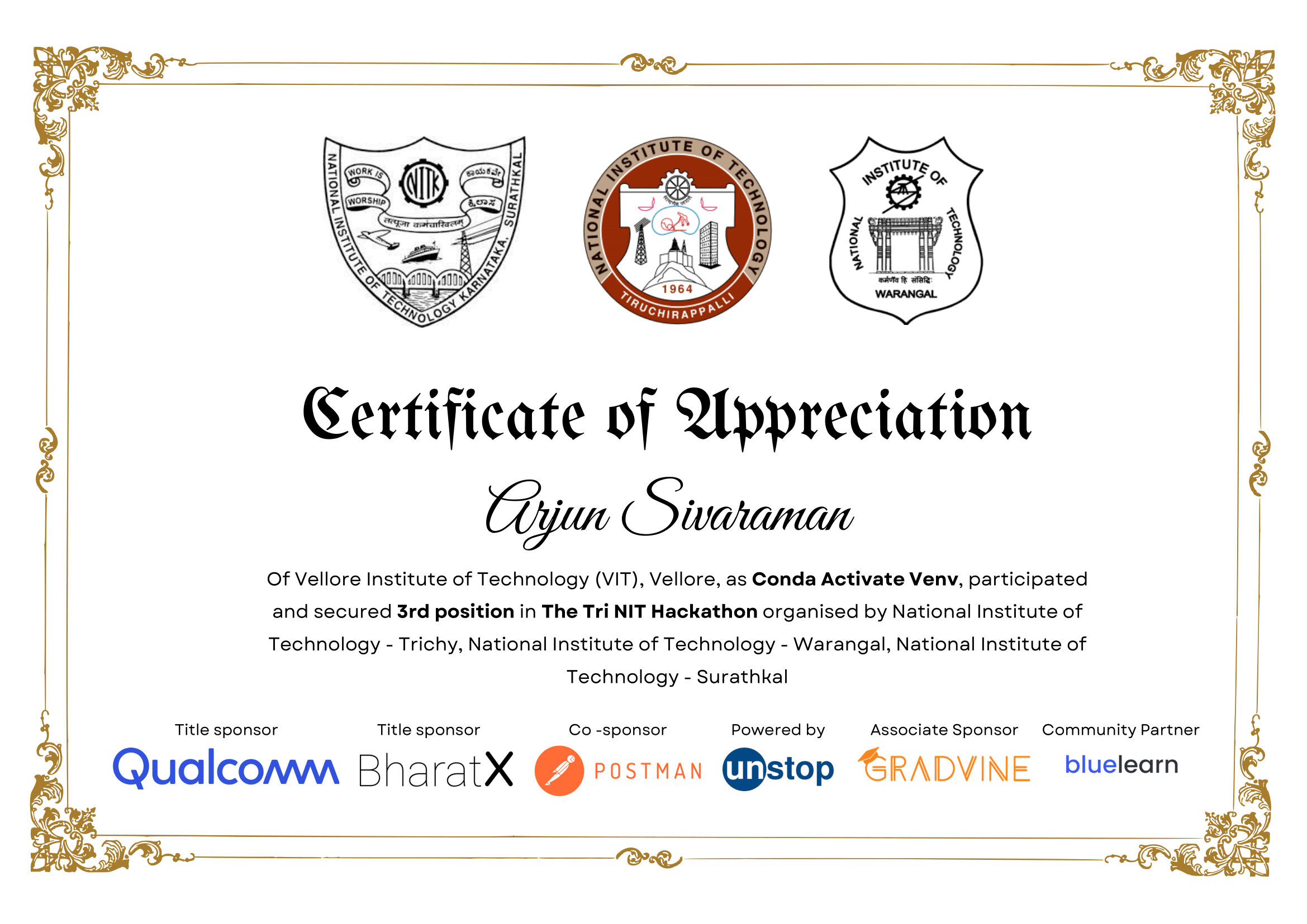 TRI-NIT Hackathon 2023 Certificate